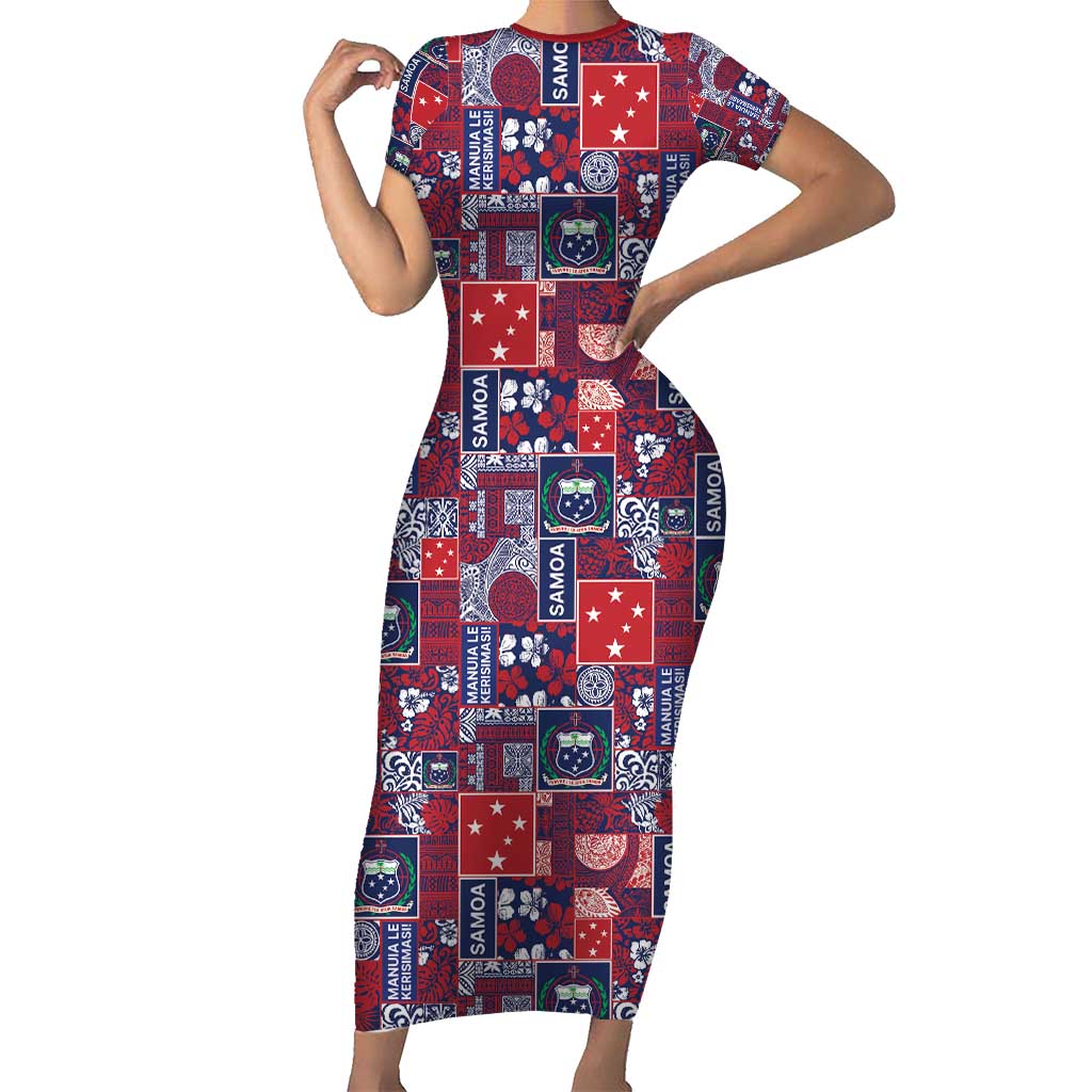 Red Samoa Manuia Le Kerisimasi Family Matching Short Sleeve Bodycon Dress and Hawaiian Shirt Pacific Patchwork Xmas Vibes - Polynesian Pride