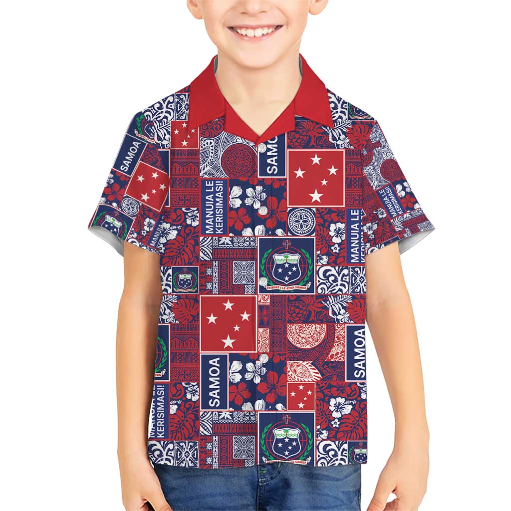 Red Samoa Manuia Le Kerisimasi Family Matching Short Sleeve Bodycon Dress and Hawaiian Shirt Pacific Patchwork Xmas Vibes - Polynesian Pride