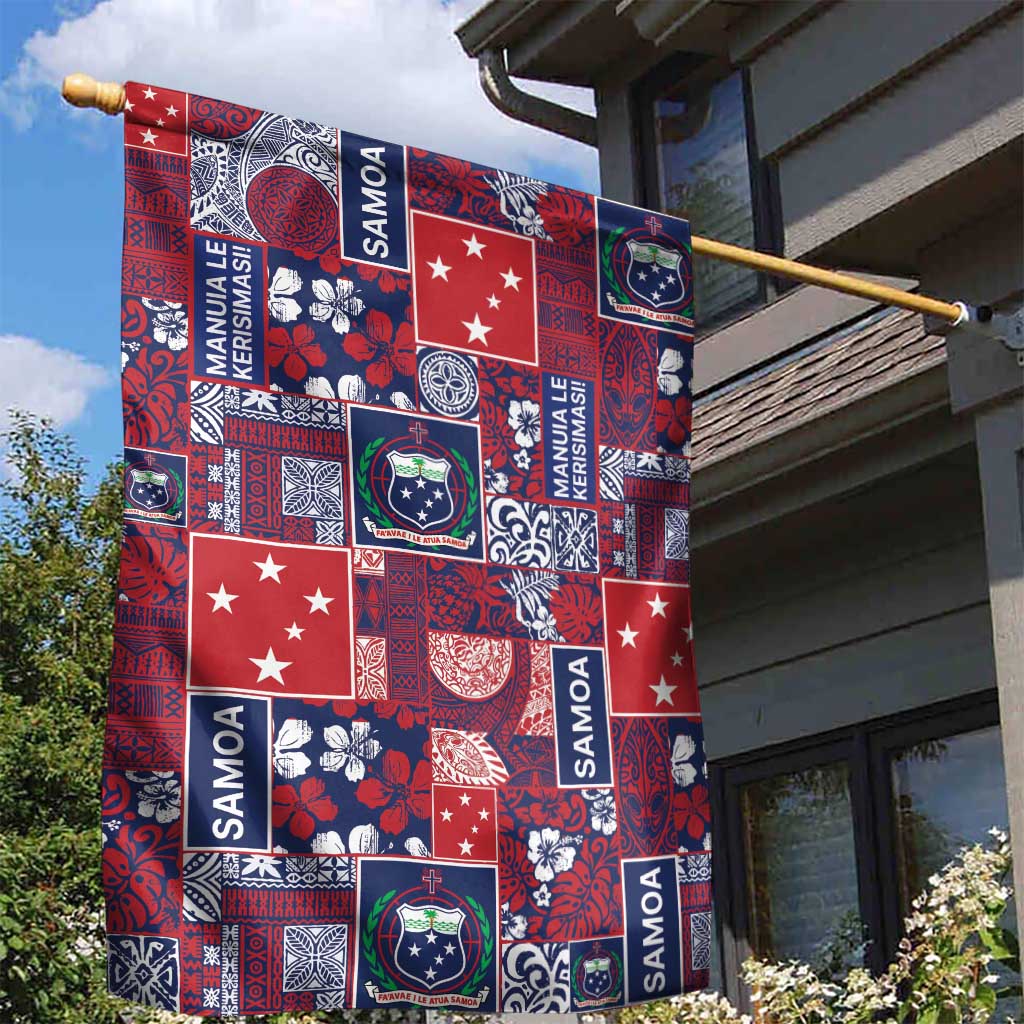 Red Samoa Manuia Le Kerisimasi Garden Flag Pacific Patchwork Xmas Vibes - Polynesian Pride
