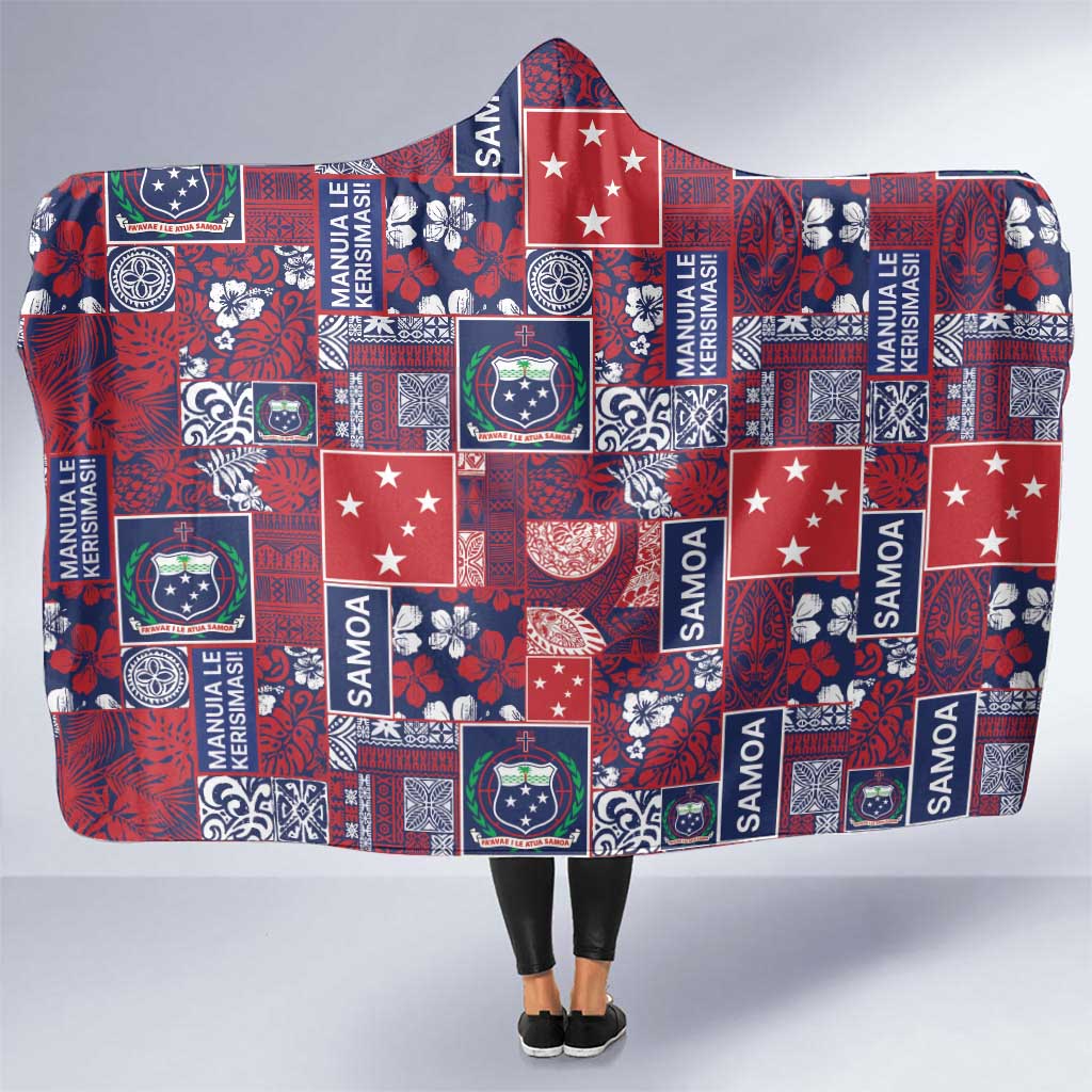 Red Samoa Manuia Le Kerisimasi Hooded Blanket Pacific Patchwork Xmas Vibes - Polynesian Pride