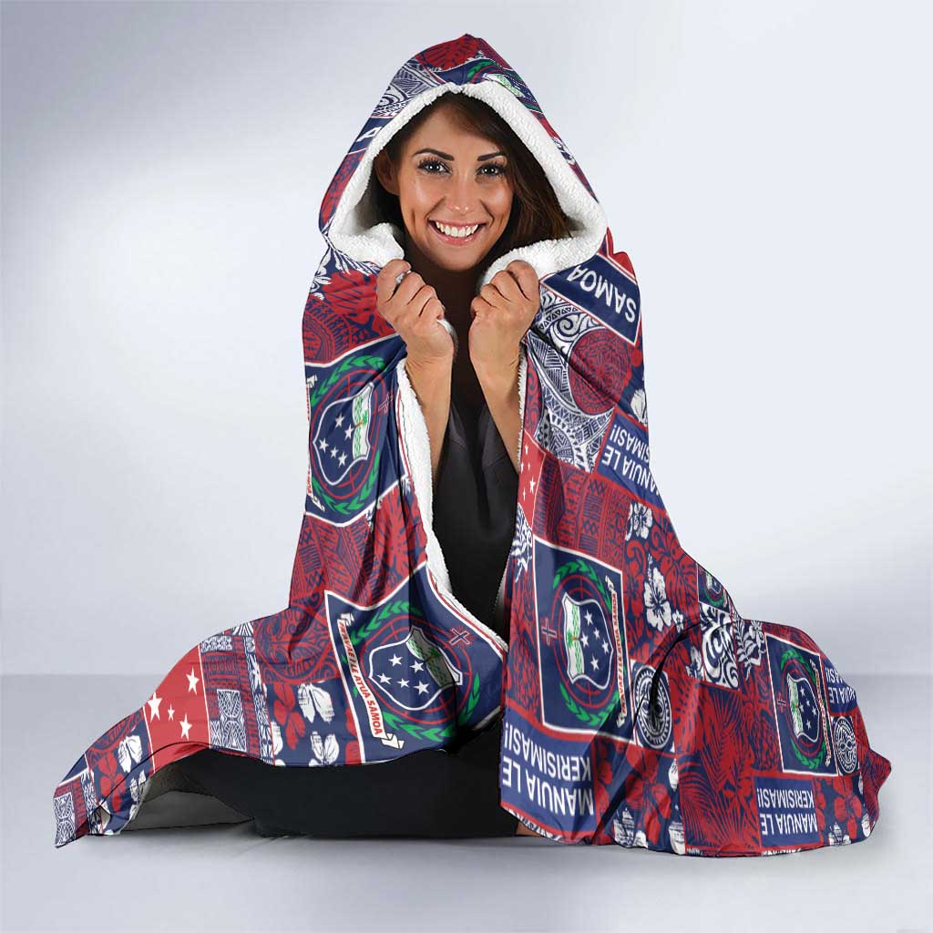 Red Samoa Manuia Le Kerisimasi Hooded Blanket Pacific Patchwork Xmas Vibes - Polynesian Pride