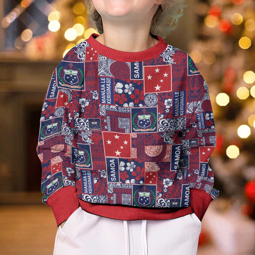 Red Samoa Manuia Le Kerisimasi Kid Ugly Christmas Sweater Pacific Patchwork Xmas Vibes - Polynesian Pride
