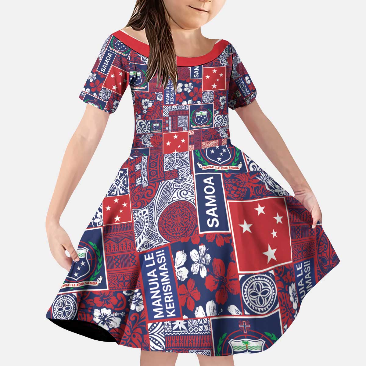 Red Samoa Manuia Le Kerisimasi Kid Short Sleeve Dress Pacific Patchwork Xmas Vibes - Polynesian Pride