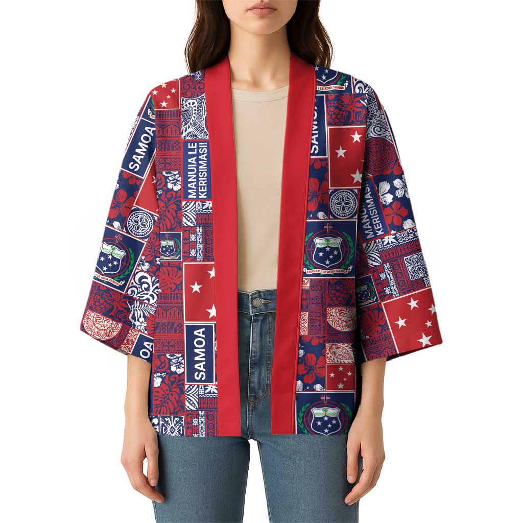 Red Samoa Manuia Le Kerisimasi Kimono Pacific Patchwork Xmas Vibes - Polynesian Pride