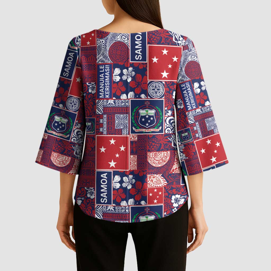 Red Samoa Manuia Le Kerisimasi Kimono Sleeve Blouse Pacific Patchwork Xmas Vibes - Polynesian Pride