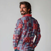 Red Samoa Manuia Le Kerisimasi Long Sleeve Polo Shirt Pacific Patchwork Xmas Vibes - Polynesian Pride
