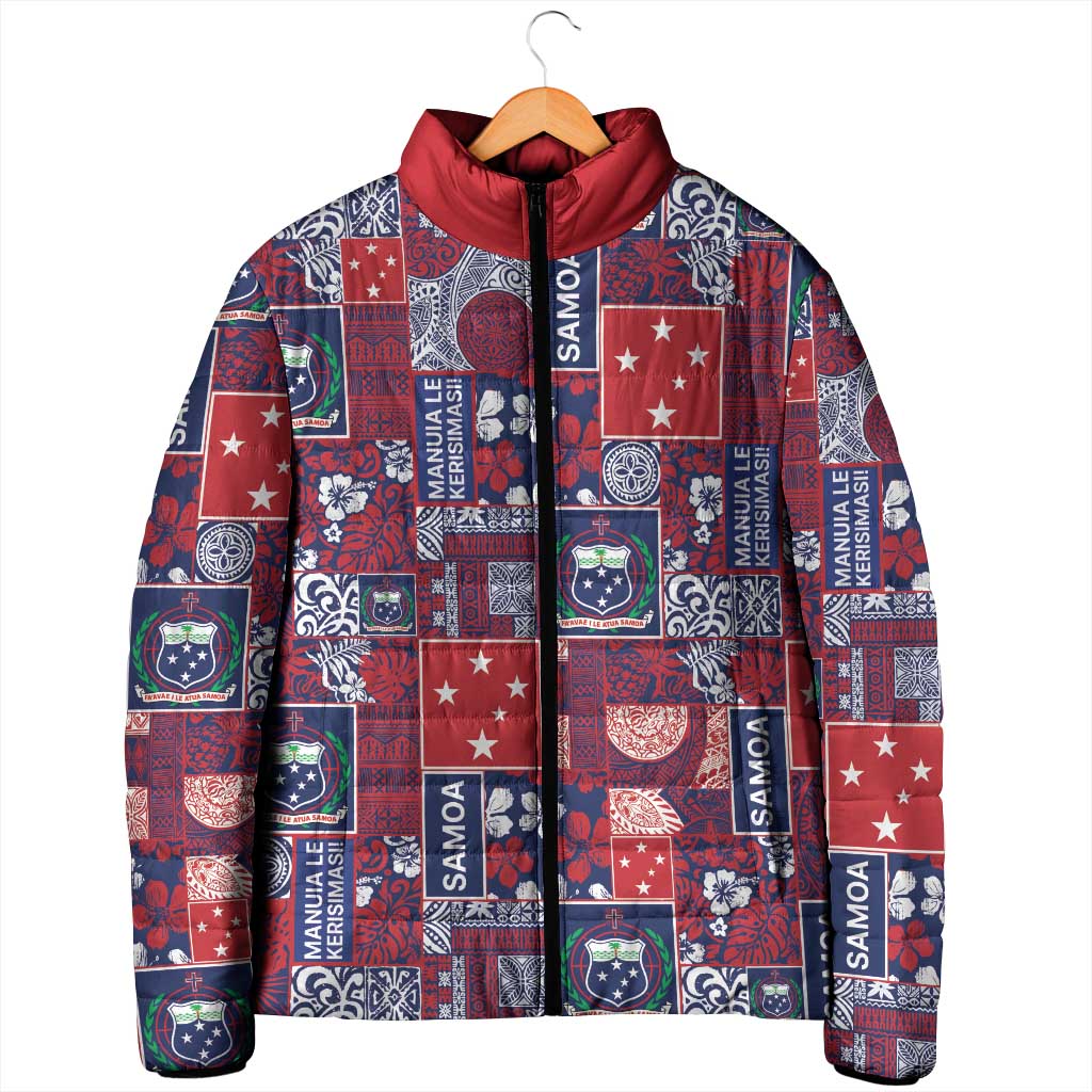 Red Samoa Manuia Le Kerisimasi Padded Jacket Pacific Patchwork Xmas Vibes - Polynesian Pride