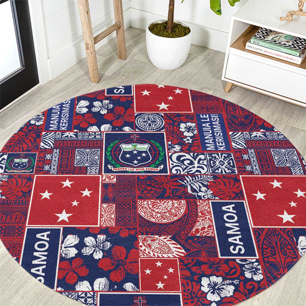Red Samoa Manuia Le Kerisimasi Round Carpet Pacific Patchwork Xmas Vibes - Polynesian Pride