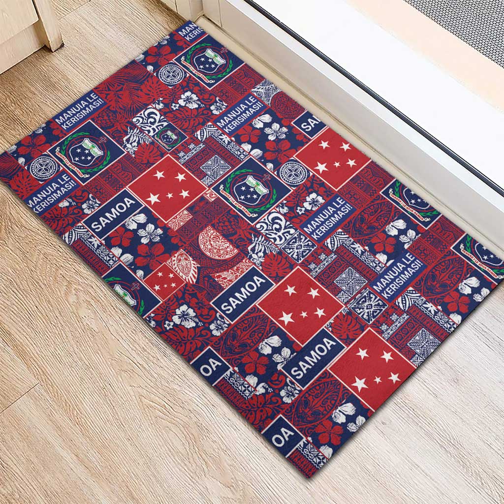 Red Samoa Manuia Le Kerisimasi Rubber Doormat Pacific Patchwork Xmas Vibes - Polynesian Pride