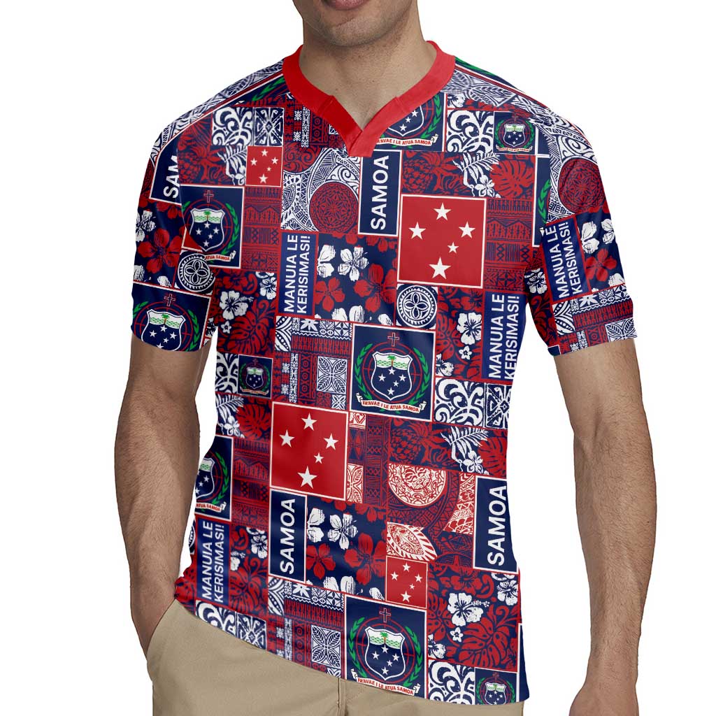 Red Samoa Manuia Le Kerisimasi Rugby Jersey Pacific Patchwork Xmas Vibes - Polynesian Pride