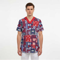 Red Samoa Manuia Le Kerisimasi Scrub Top Pacific Patchwork Xmas Vibes - Polynesian Pride