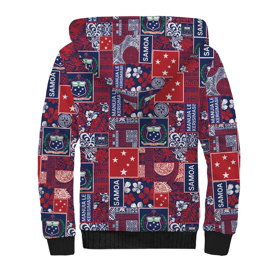 Red Samoa Manuia Le Kerisimasi Sherpa Hoodie Pacific Patchwork Xmas Vibes - Polynesian Pride