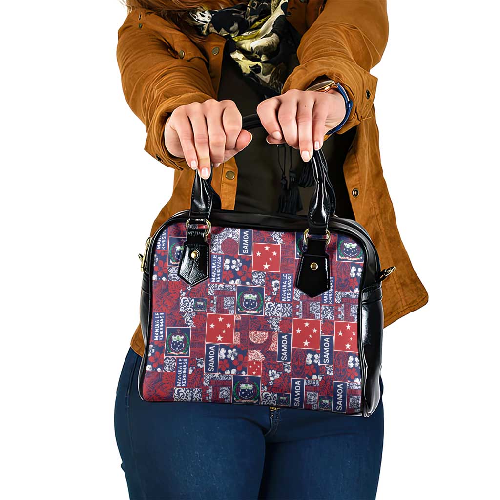 Red Samoa Manuia Le Kerisimasi Shoulder Handbag Pacific Patchwork Xmas Vibes - Polynesian Pride