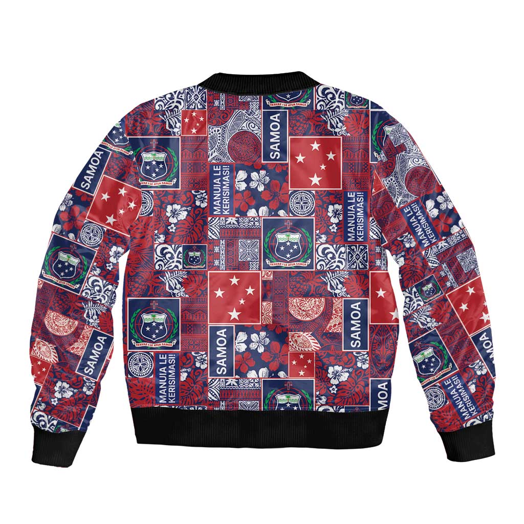 Red Samoa Manuia Le Kerisimasi Sleeve Zip Bomber Jacket Pacific Patchwork Xmas Vibes - Polynesian Pride