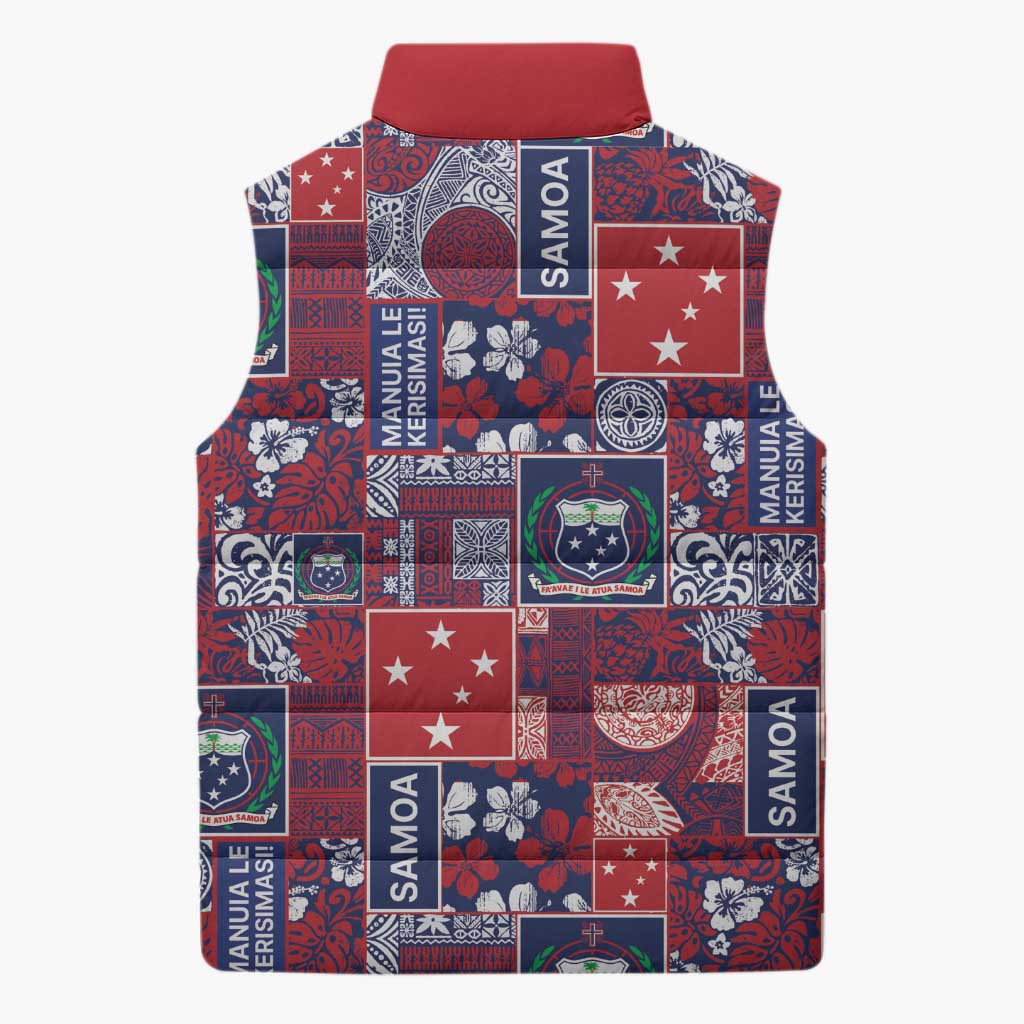 Red Samoa Manuia Le Kerisimasi Sleeveless Puffer Jacket Pacific Patchwork Xmas Vibes - Polynesian Pride