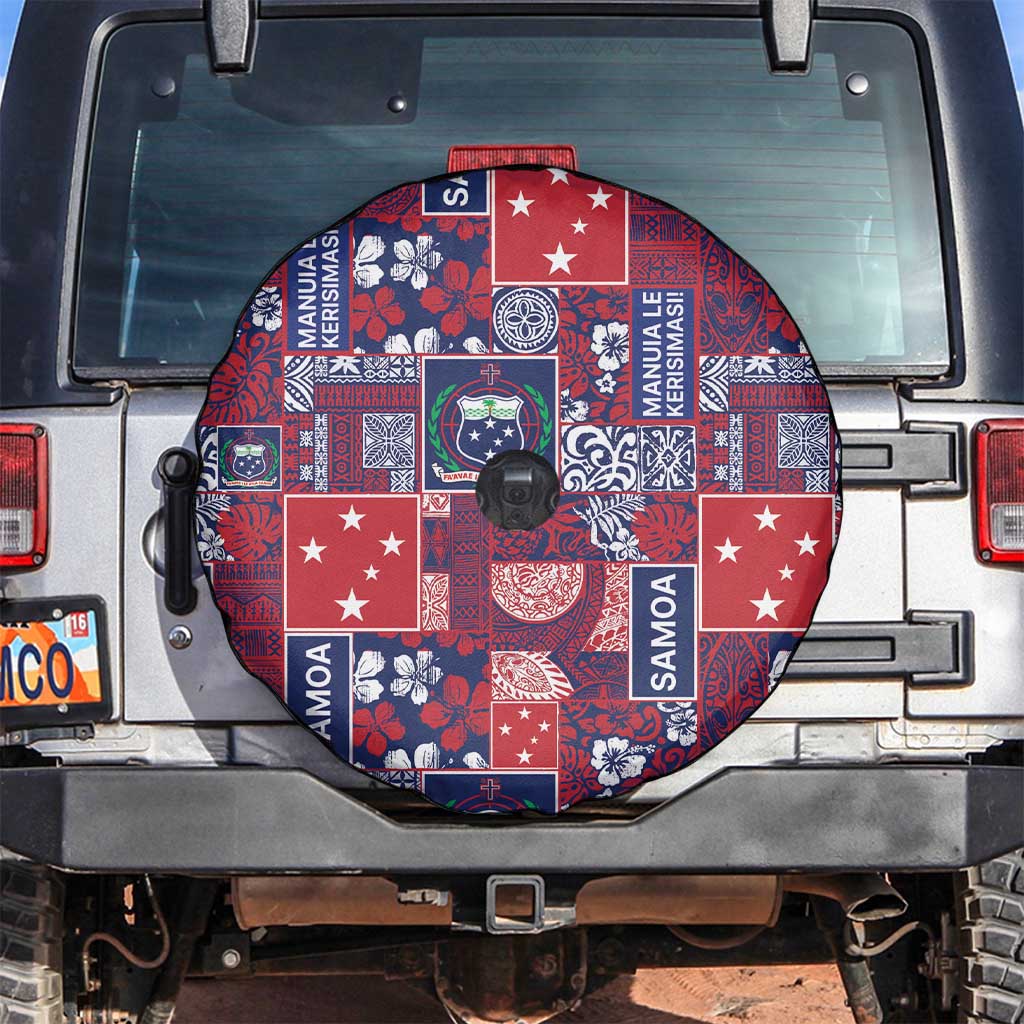 Red Samoa Manuia Le Kerisimasi Spare Tire Cover Pacific Patchwork Xmas Vibes - Polynesian Pride