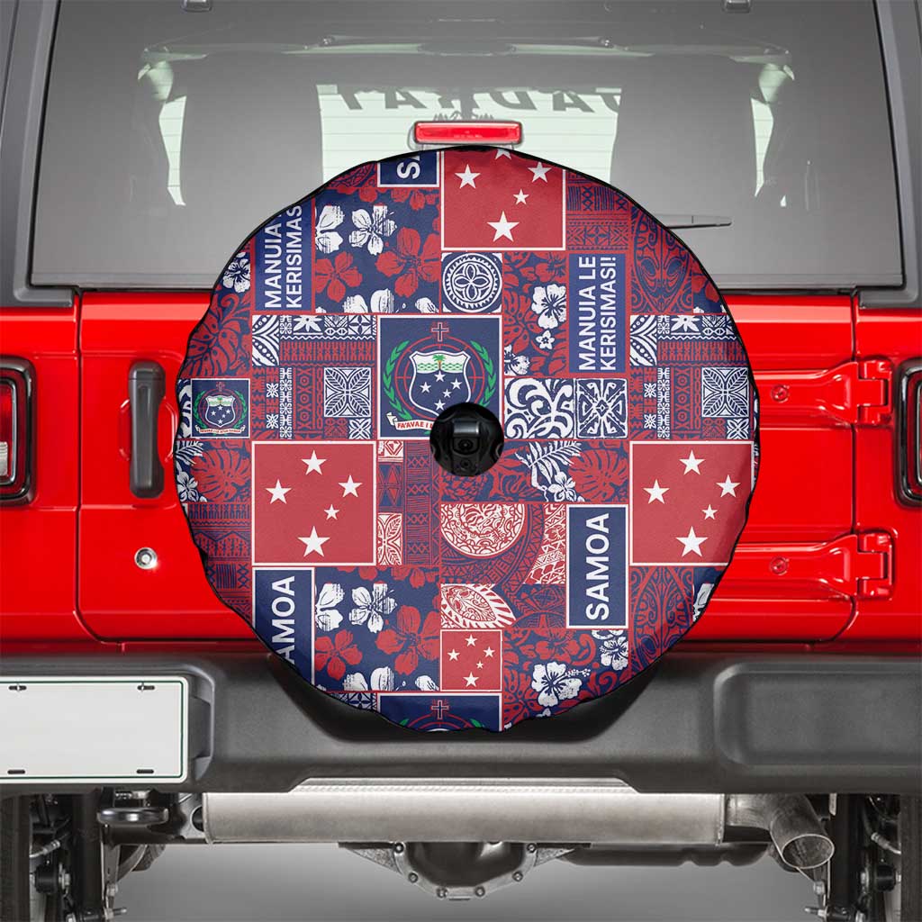Red Samoa Manuia Le Kerisimasi Spare Tire Cover Pacific Patchwork Xmas Vibes - Polynesian Pride
