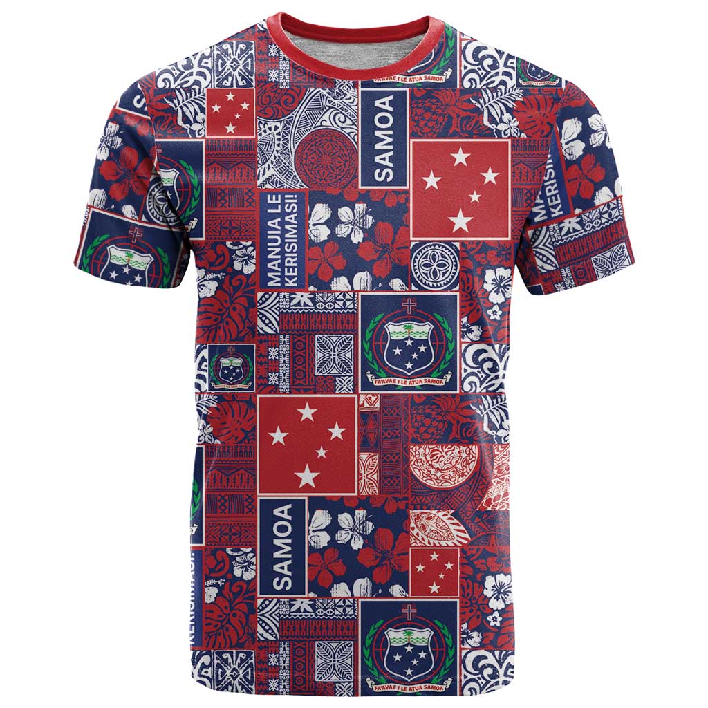 Red Samoa Manuia Le Kerisimasi T Shirt Pacific Patchwork Xmas Vibes - Polynesian Pride