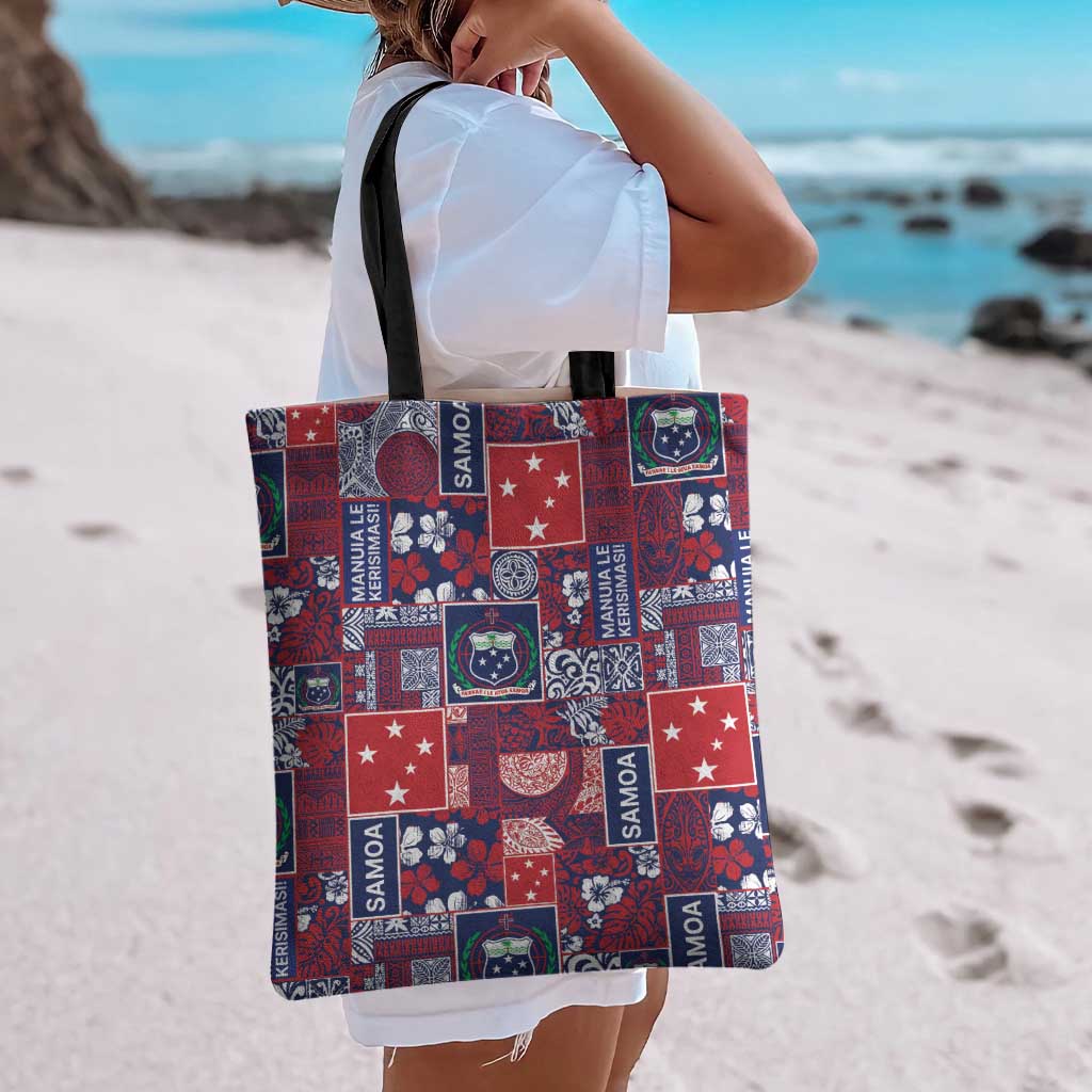 Red Samoa Manuia Le Kerisimasi Tote Bag Pacific Patchwork Xmas Vibes - Polynesian Pride