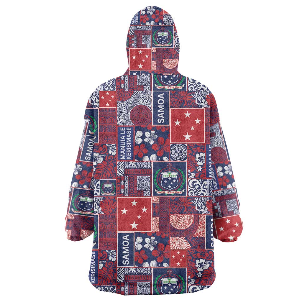 Red Samoa Manuia Le Kerisimasi Wearable Blanket Hoodie Pacific Patchwork Xmas Vibes - Polynesian Pride