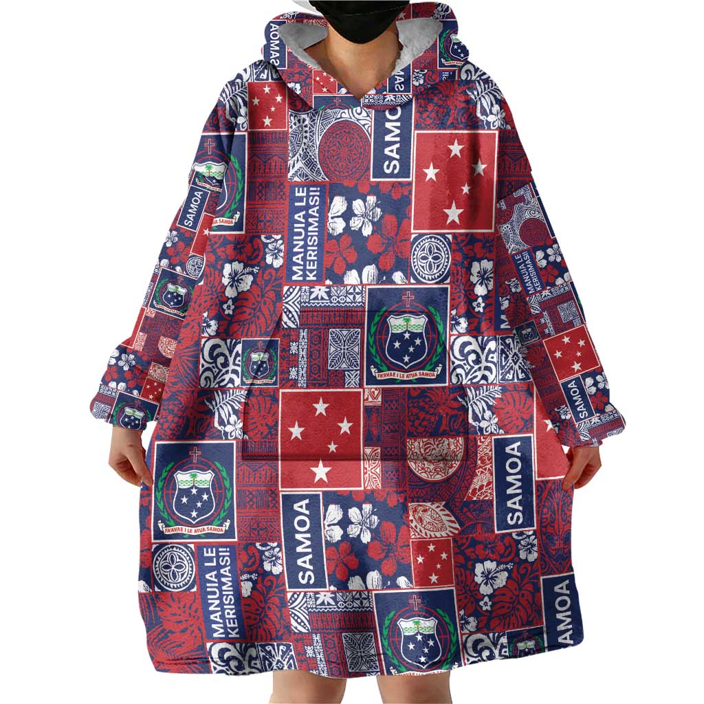 Red Samoa Manuia Le Kerisimasi Wearable Blanket Hoodie Pacific Patchwork Xmas Vibes - Polynesian Pride