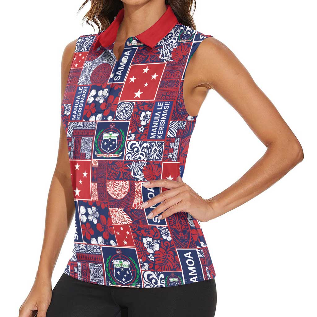 Red Samoa Manuia Le Kerisimasi Women Sleeveless Polo Shirt Pacific Patchwork Xmas Vibes - Polynesian Pride