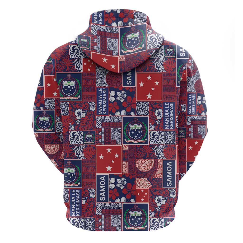 Red Samoa Manuia Le Kerisimasi Zip Hoodie Pacific Patchwork Xmas Vibes - Polynesian Pride