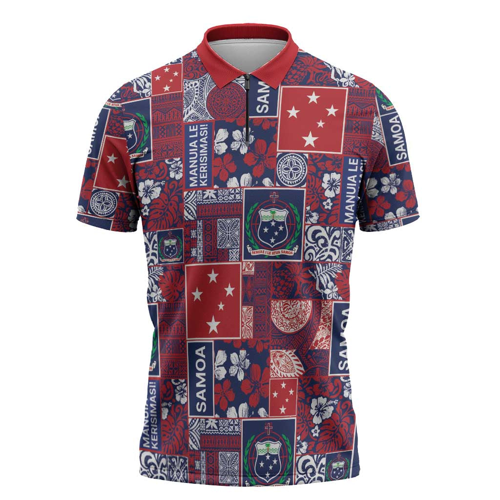Red Samoa Manuia Le Kerisimasi Zipper Polo Shirt Pacific Patchwork Xmas Vibes - Polynesian Pride