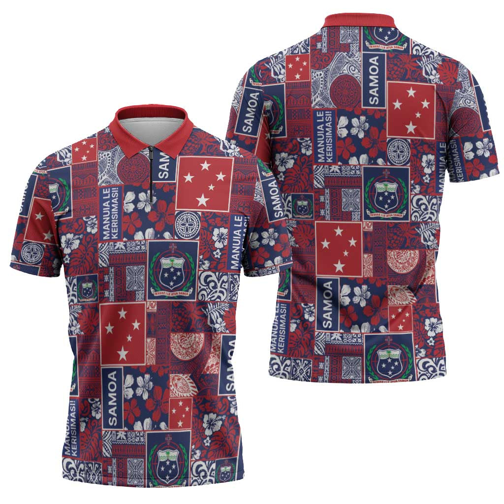 Red Samoa Manuia Le Kerisimasi Zipper Polo Shirt Pacific Patchwork Xmas Vibes - Polynesian Pride