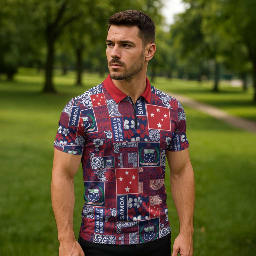 Red Samoa Manuia Le Kerisimasi Zipper Polo Shirt Pacific Patchwork Xmas Vibes - Polynesian Pride