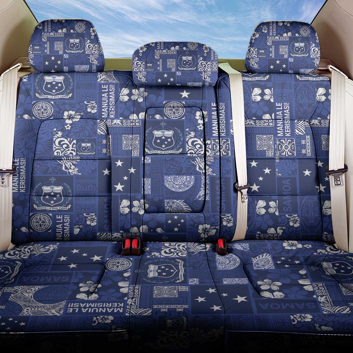 Blue Samoa Manuia Le Kerisimasi Back Car Seat Cover Pacific Patchwork Xmas Vibes - Polynesian Pride