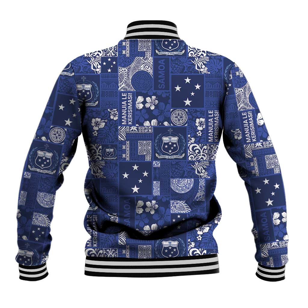Blue Samoa Manuia Le Kerisimasi Baseball Jacket Pacific Patchwork Xmas Vibes - Polynesian Pride
