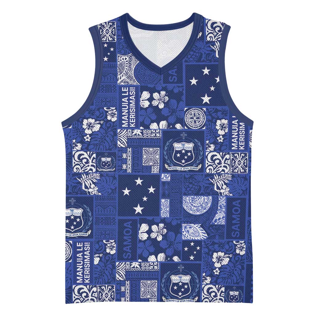 Blue Samoa Manuia Le Kerisimasi Basketball Jersey Pacific Patchwork Xmas Vibes - Polynesian Pride