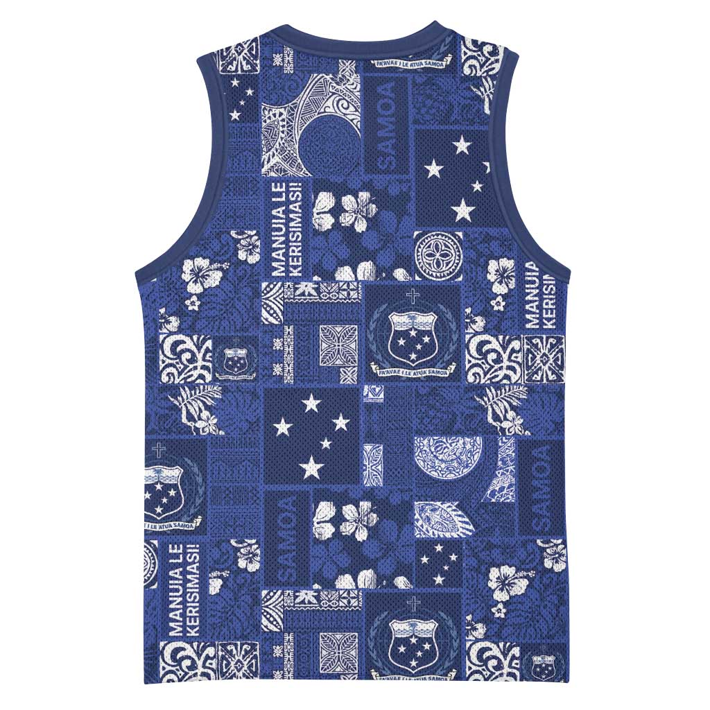 Blue Samoa Manuia Le Kerisimasi Basketball Jersey Pacific Patchwork Xmas Vibes - Polynesian Pride