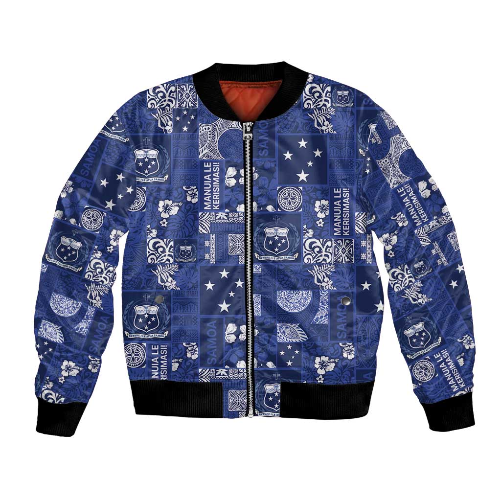 Blue Samoa Manuia Le Kerisimasi Bomber Jacket Pacific Patchwork Xmas Vibes - Polynesian Pride