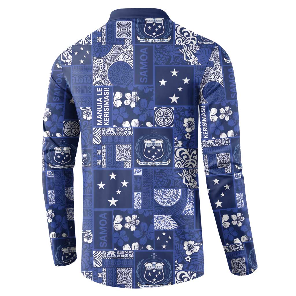 Blue Samoa Manuia Le Kerisimasi Button Sweatshirt Pacific Patchwork Xmas Vibes - Polynesian Pride