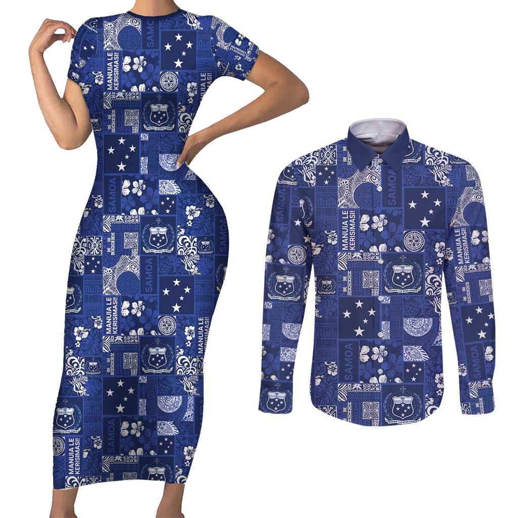Blue Samoa Manuia Le Kerisimasi Couples Matching Short Sleeve Bodycon Dress and Long Sleeve Button Shirt Pacific Patchwork Xmas Vibes - Polynesian Pride