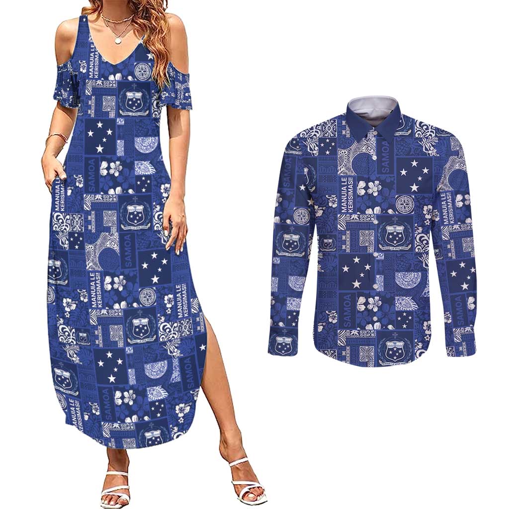 Blue Samoa Manuia Le Kerisimasi Couples Matching Summer Maxi Dress and Long Sleeve Button Shirt Pacific Patchwork Xmas Vibes - Polynesian Pride