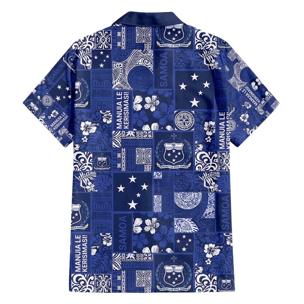 Blue Samoa Manuia Le Kerisimasi Family Matching Off Shoulder Short Dress and Hawaiian Shirt Pacific Patchwork Xmas Vibes - Polynesian Pride