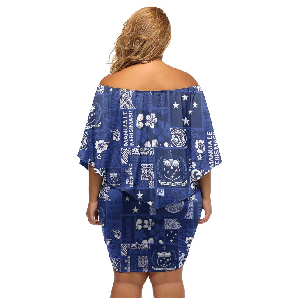 Blue Samoa Manuia Le Kerisimasi Family Matching Off Shoulder Short Dress and Hawaiian Shirt Pacific Patchwork Xmas Vibes - Polynesian Pride