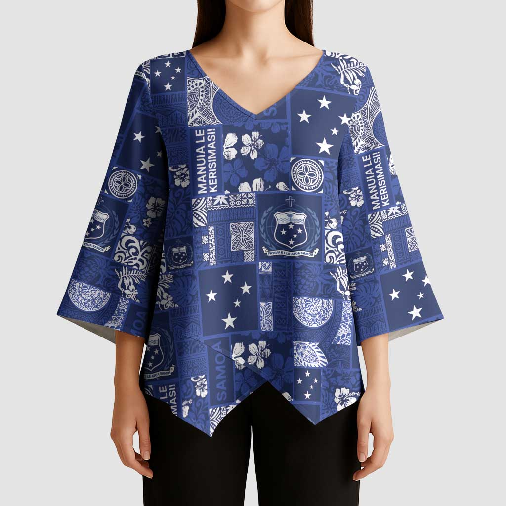 Blue Samoa Manuia Le Kerisimasi Kimono Sleeve Blouse Pacific Patchwork Xmas Vibes - Polynesian Pride
