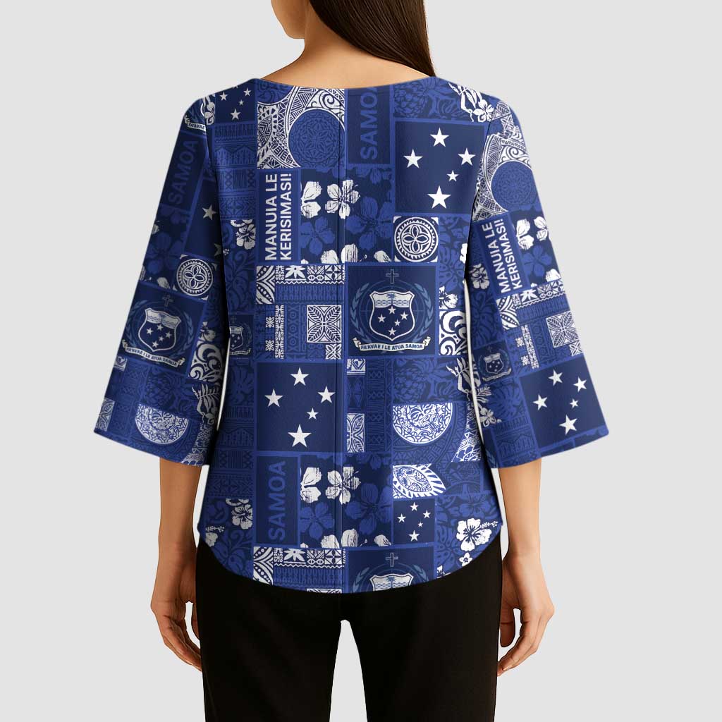 Blue Samoa Manuia Le Kerisimasi Kimono Sleeve Blouse Pacific Patchwork Xmas Vibes - Polynesian Pride