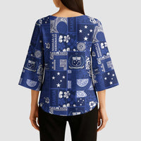 Blue Samoa Manuia Le Kerisimasi Kimono Sleeve Blouse Pacific Patchwork Xmas Vibes - Polynesian Pride