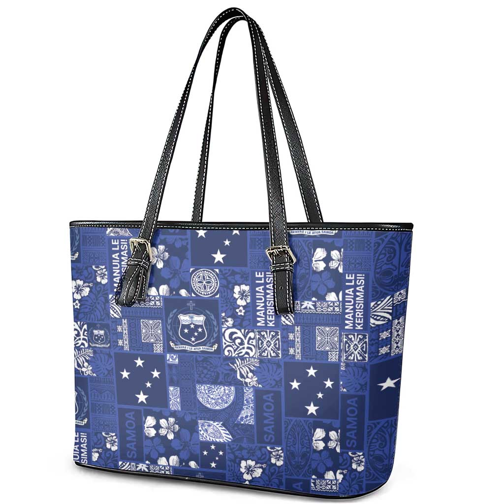 Blue Samoa Manuia Le Kerisimasi Leather Tote Bag Pacific Patchwork Xmas Vibes - Polynesian Pride