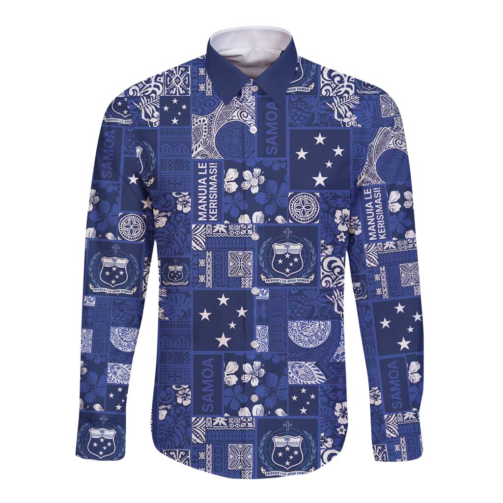 Blue Samoa Manuia Le Kerisimasi Long Sleeve Button Shirt Pacific Patchwork Xmas Vibes - Polynesian Pride