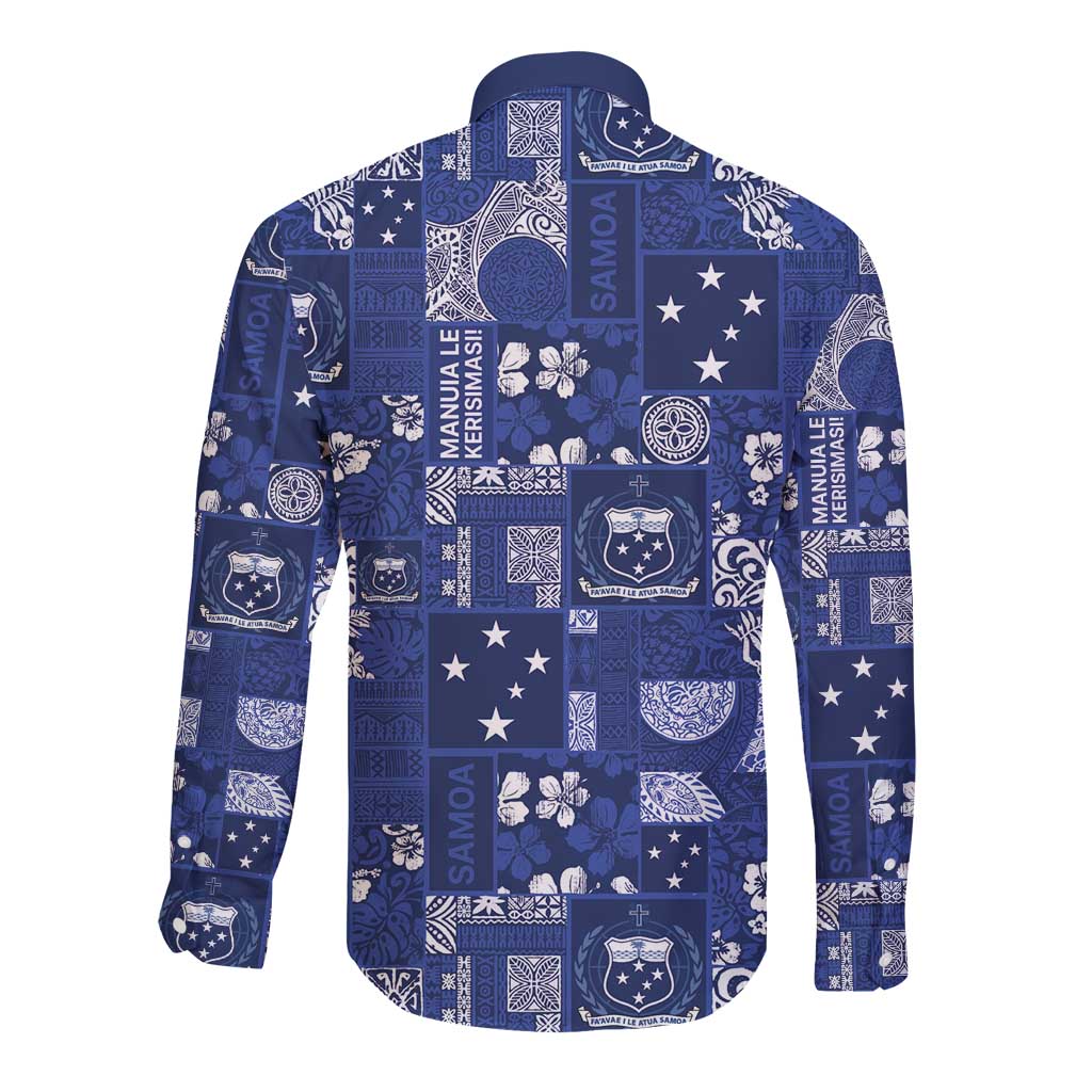 Blue Samoa Manuia Le Kerisimasi Long Sleeve Button Shirt Pacific Patchwork Xmas Vibes - Polynesian Pride