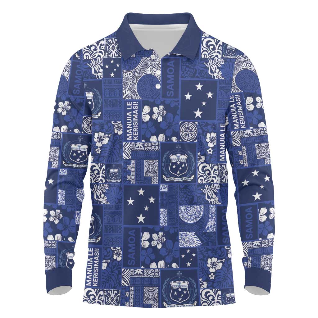 Blue Samoa Manuia Le Kerisimasi Long Sleeve Polo Shirt Pacific Patchwork Xmas Vibes - Polynesian Pride