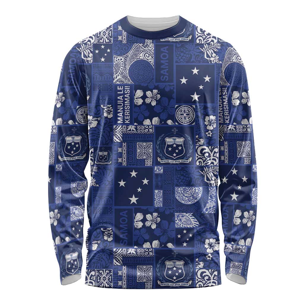 Blue Samoa Manuia Le Kerisimasi Long Sleeve Shirt Pacific Patchwork Xmas Vibes - Polynesian Pride