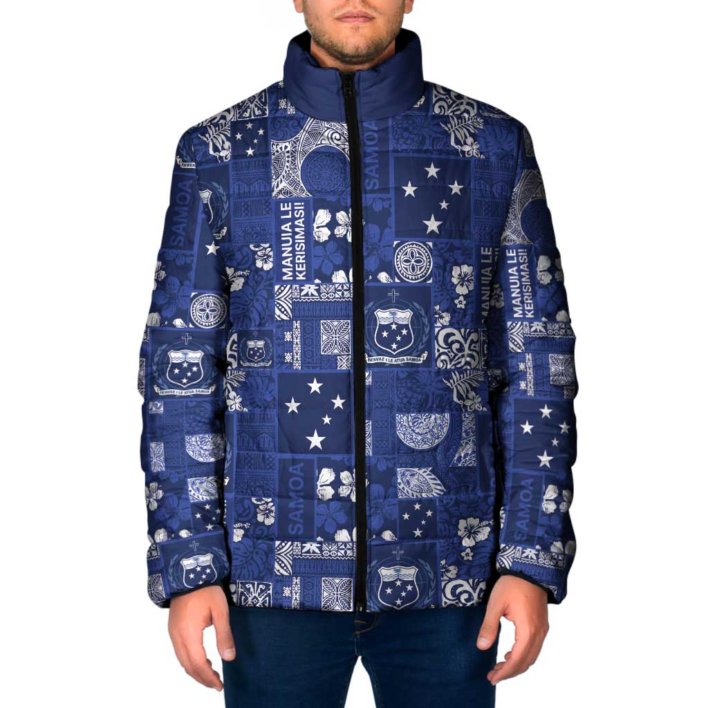 Blue Samoa Manuia Le Kerisimasi Padded Jacket Pacific Patchwork Xmas Vibes - Polynesian Pride