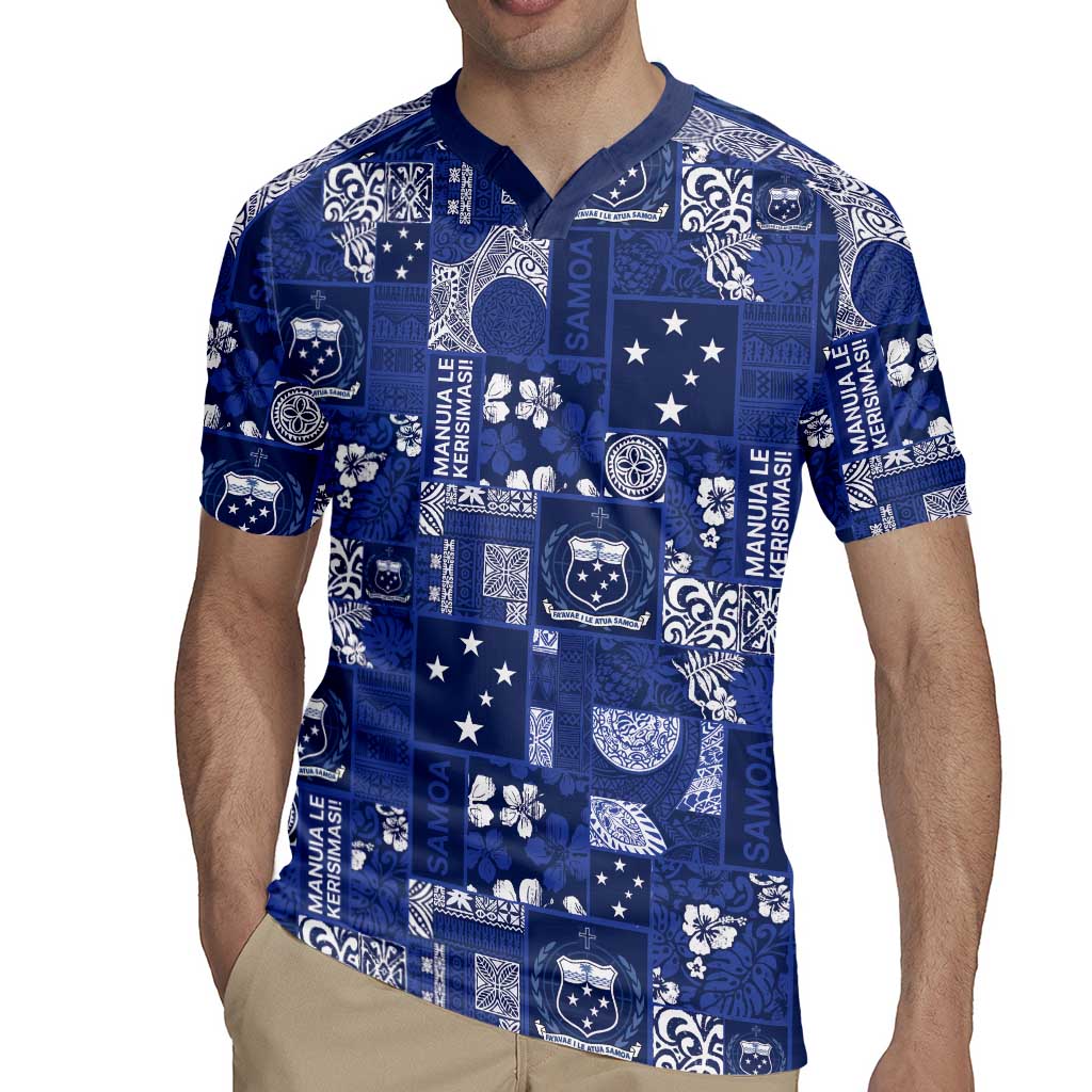 Blue Samoa Manuia Le Kerisimasi Rugby Jersey Pacific Patchwork Xmas Vibes - Polynesian Pride